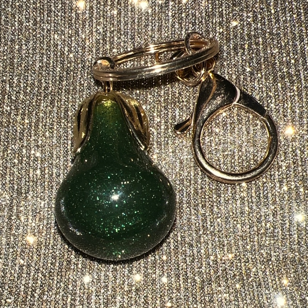 Green Glitter Pear Keychain with Gold Accents